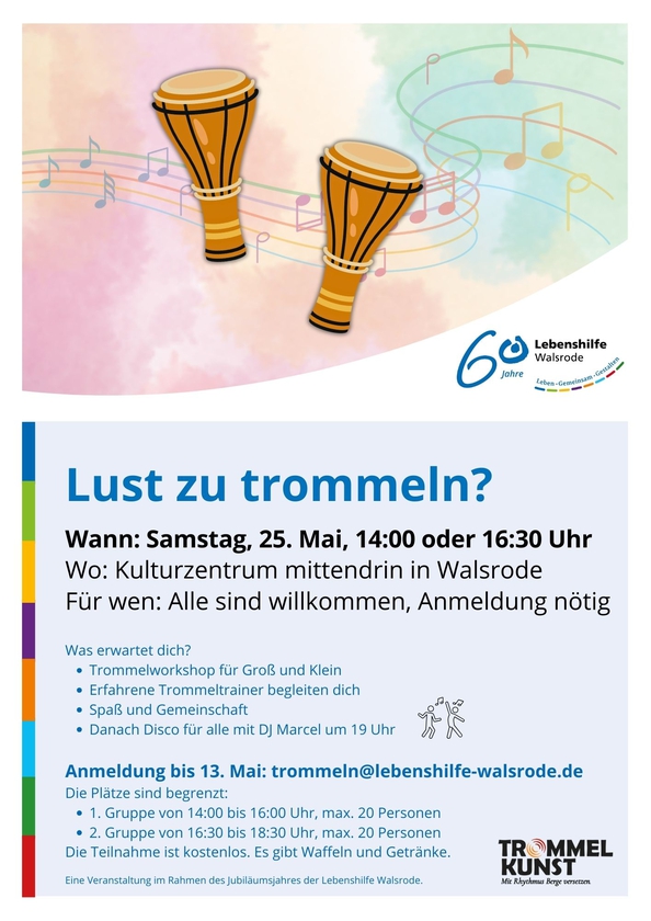 Lust auf Trommeln? Anmeldung bis 13.5. an trommeln@lebenshilfe-walsrode.de
